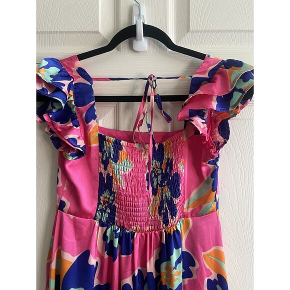 VANILLA BAY Colorful Floral Pleated Bodice Smocked Ruffle Midi Dress Sz S NWT - Picture 9 of 14